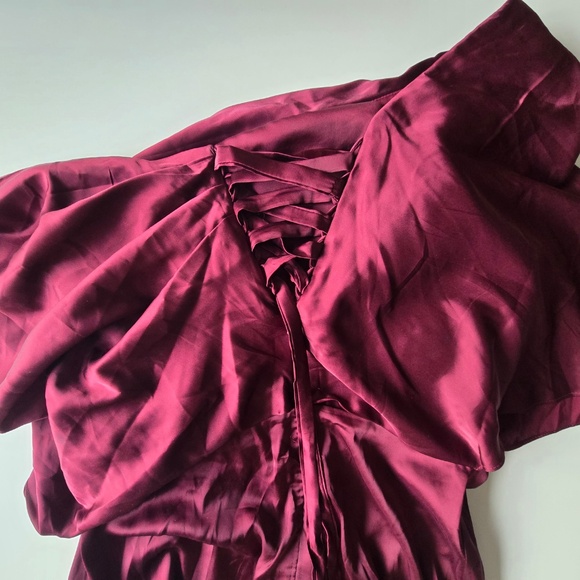 Wear Your Love Burgundy Satin Style Asymmetrical Sleeve Midi Dress Formal - Picture 12 of 15